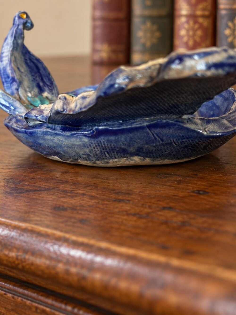 Pat D. Lord Signed Jeweled Blue Peacock Pottery Trinket Dish 2002